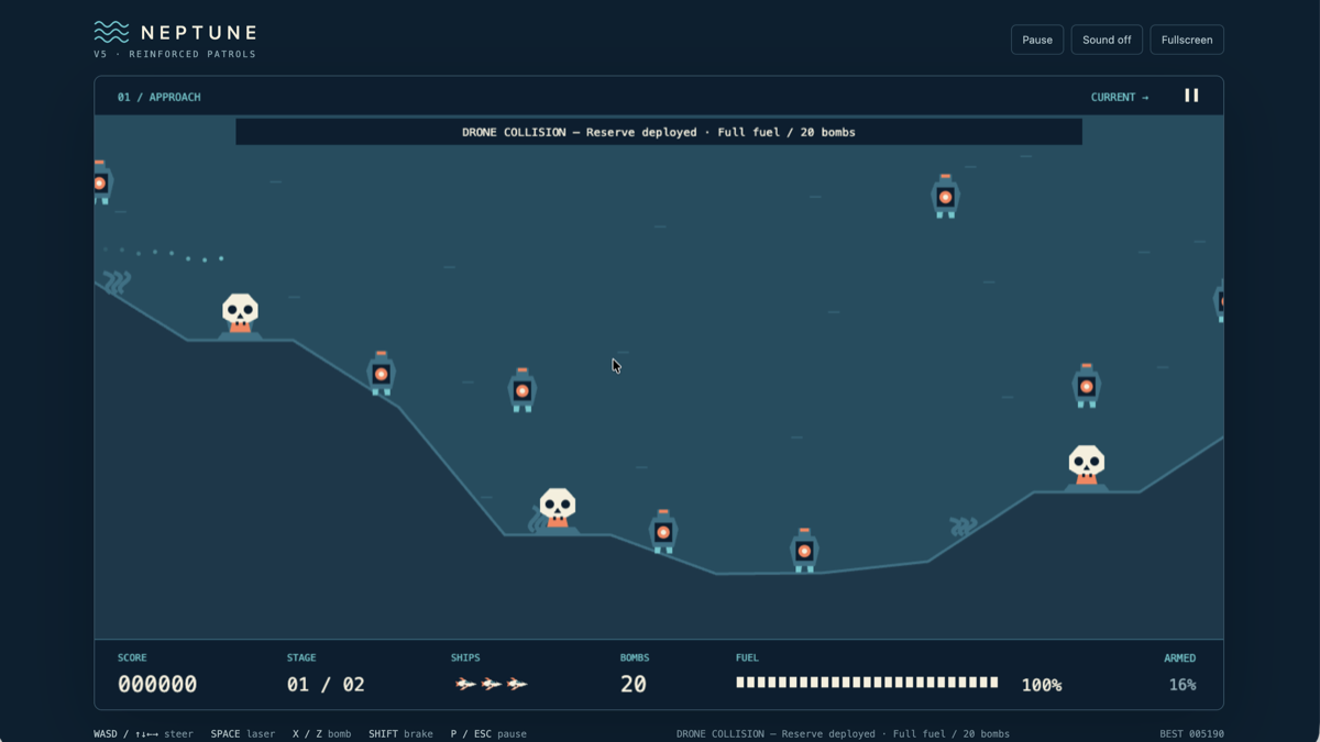 Reinforced Patrols: mines and skull-marked wrecks strung along a sloping trench.