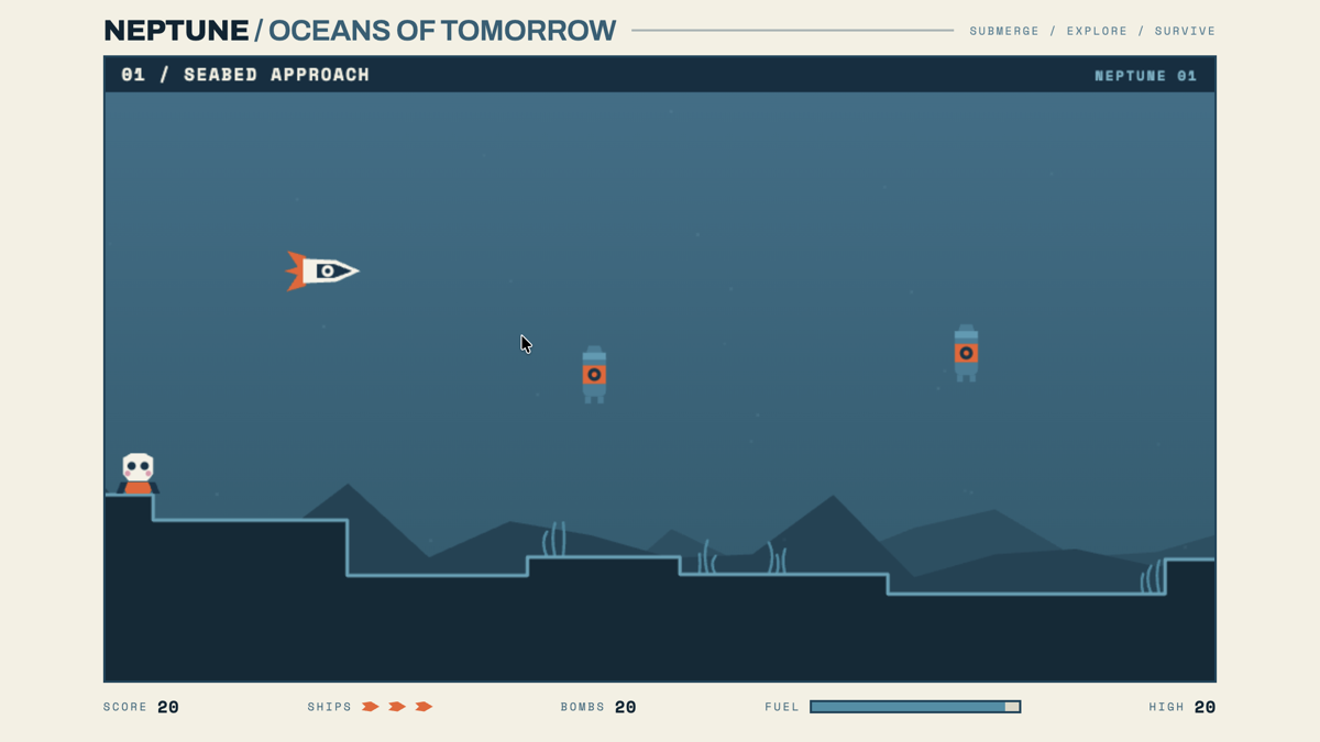 Oceans of Tomorrow: a submarine over a stepped seabed, mines drifting above it.